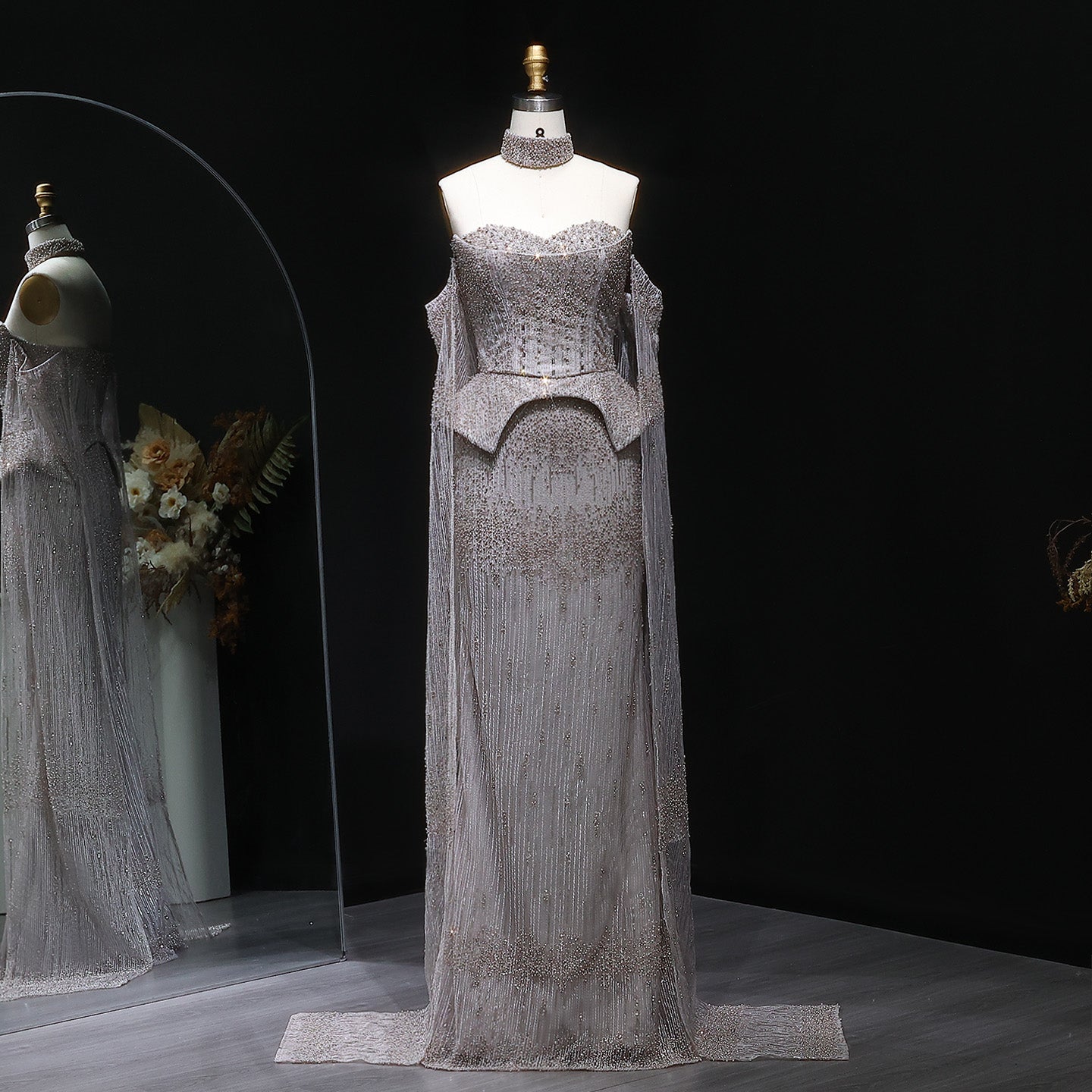 Stunning Crystal Evening Dress with Cape Sleeves SS558