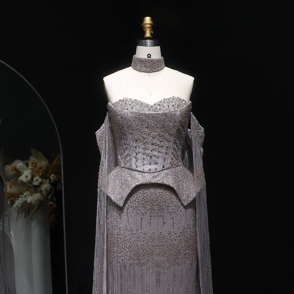 Stunning Crystal Evening Dress with Cape Sleeves SS558