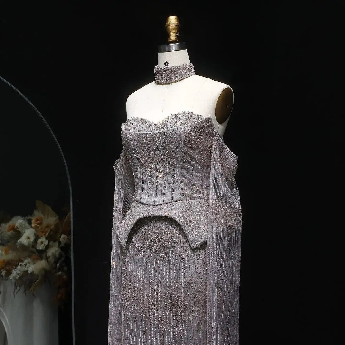 Stunning Gold Crystal Off Shoulder Evening Dress with Cape Sleeves SS558