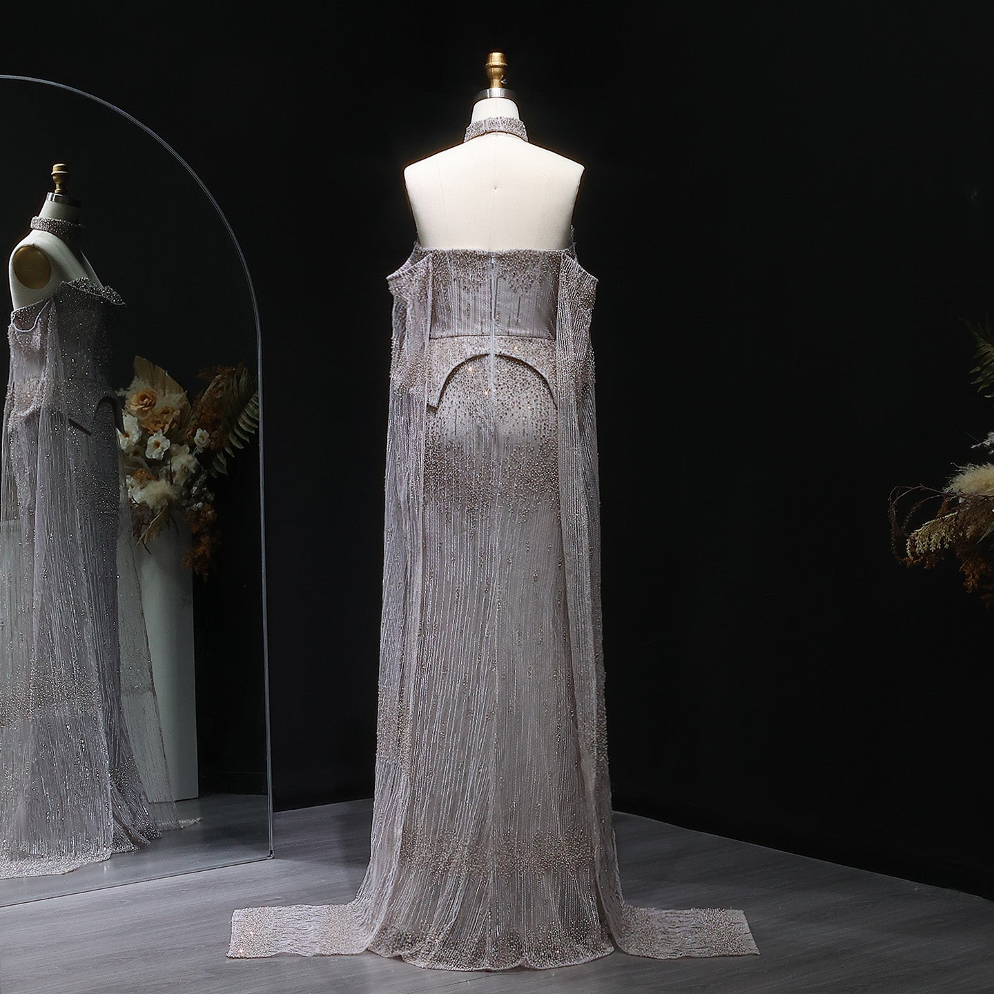 Stunning Crystal Evening Dress with Cape Sleeves SS558