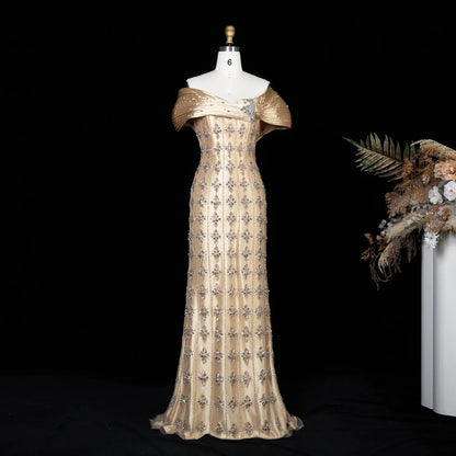 Luxury Gold Satin Evening Dress with Crystal Embellishments SS217