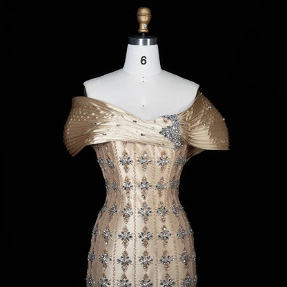 Luxury Gold Satin Evening Dress with Crystal Embellishments SS217