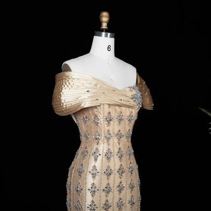 Luxury Gold Satin Evening Dress with Crystal Embellishments SS217