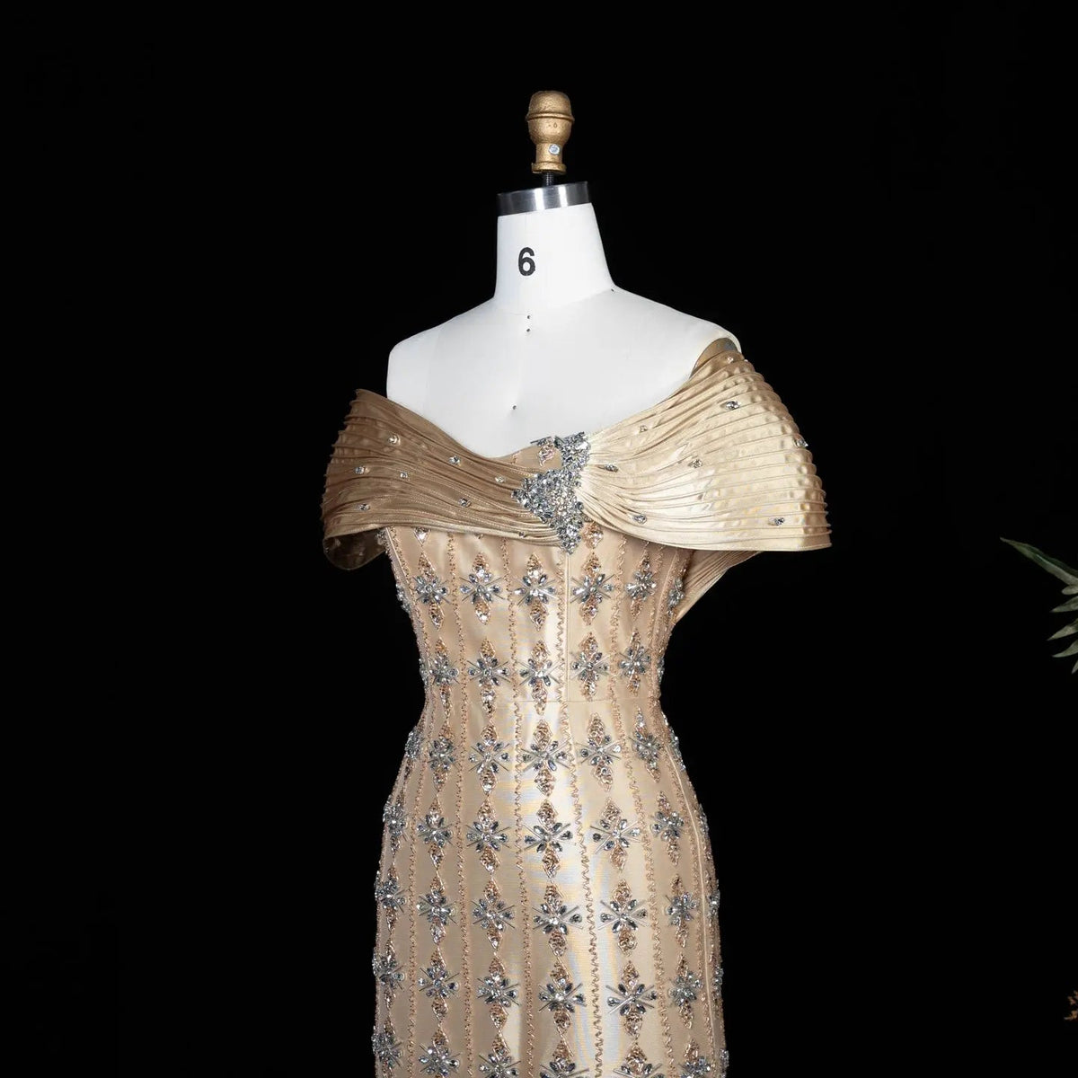 Luxury Gold Satin Evening Dress with Crystal Embellishments SS217