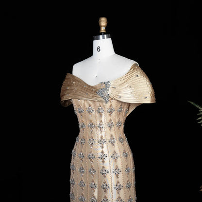 Luxury Gold Satin Evening Dress with Crystal Embellishments SS217