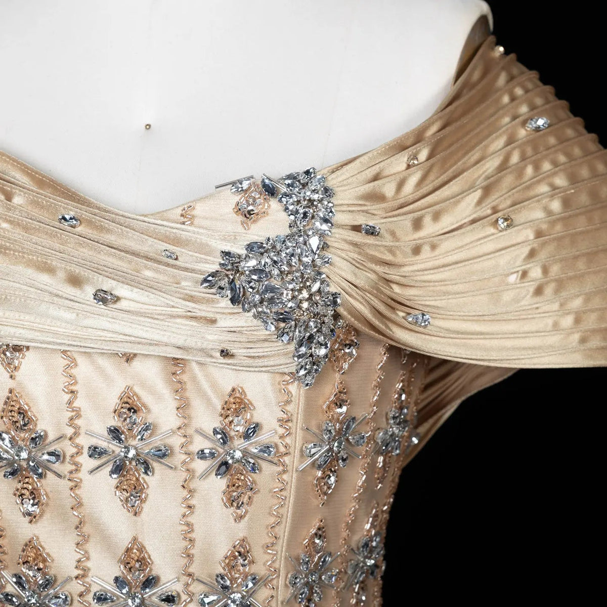 Luxury Gold Satin Evening Dress with Crystal Embellishments SS217