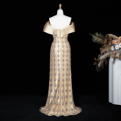 Luxury Gold Satin Evening Dress with Crystal Embellishments SS217