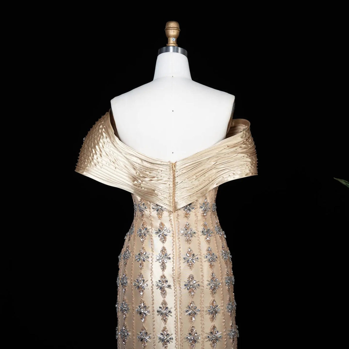 Luxury Gold Satin Evening Dress with Crystal Embellishments SS217