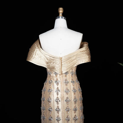 Luxury Gold Satin Evening Dress with Crystal Embellishments SS217