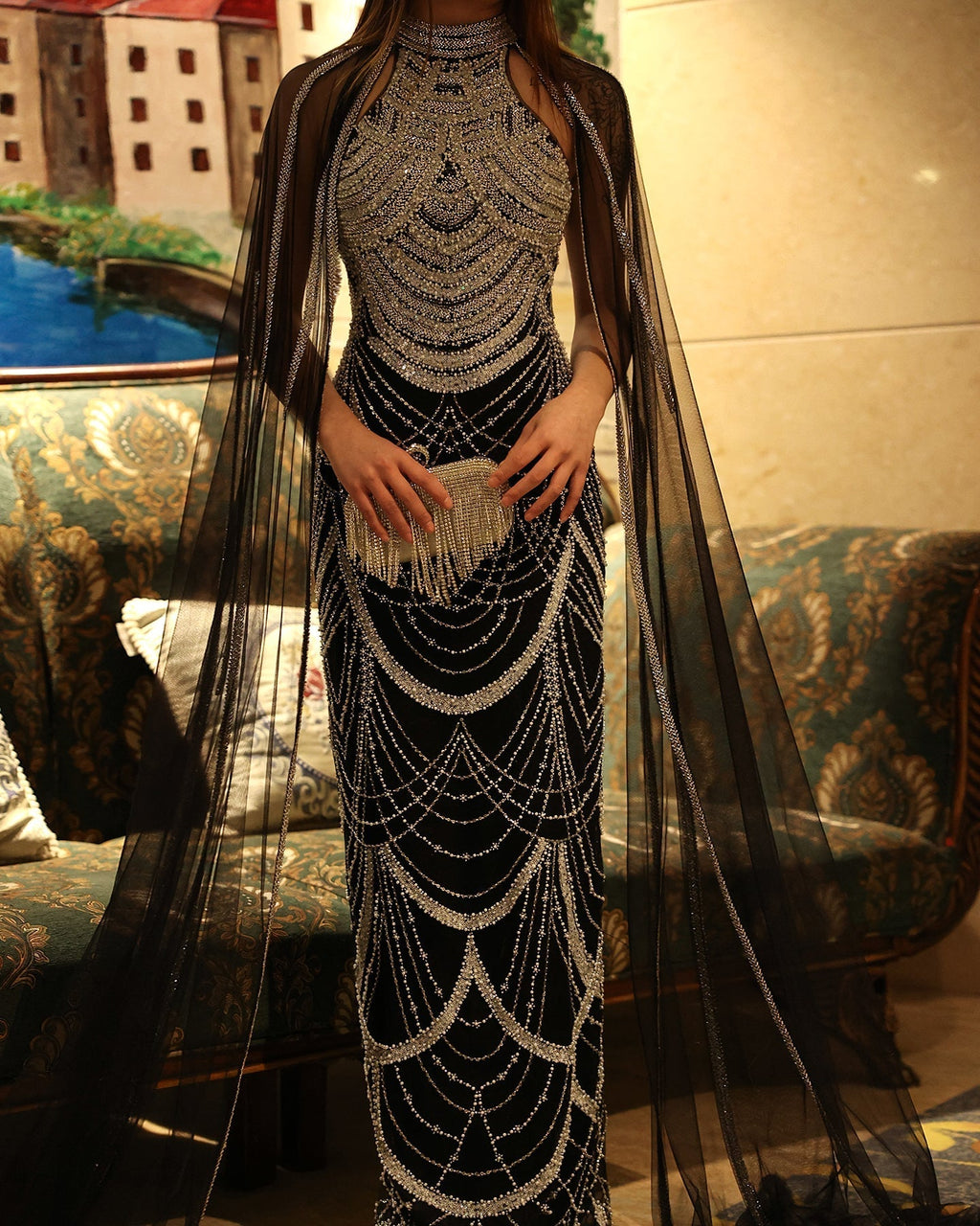 Luxury Pearls Black Evening Dresses with Cape Sleeves SS209