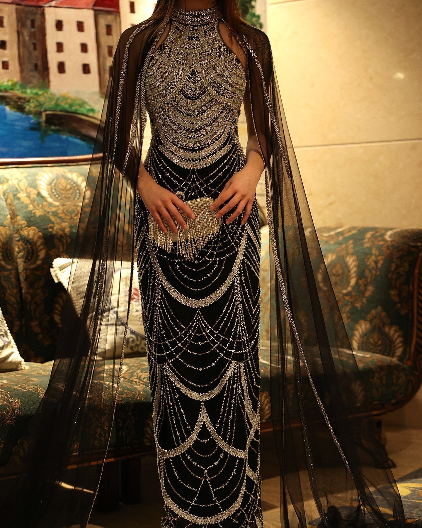 Luxury Pearls Black Evening Dresses with Cape Sleeves SS209