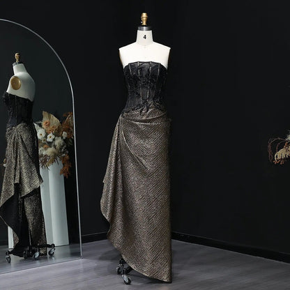 Luxury Crystal Black Bronze Strapless Evening Dress with Slit and Pleats SS241