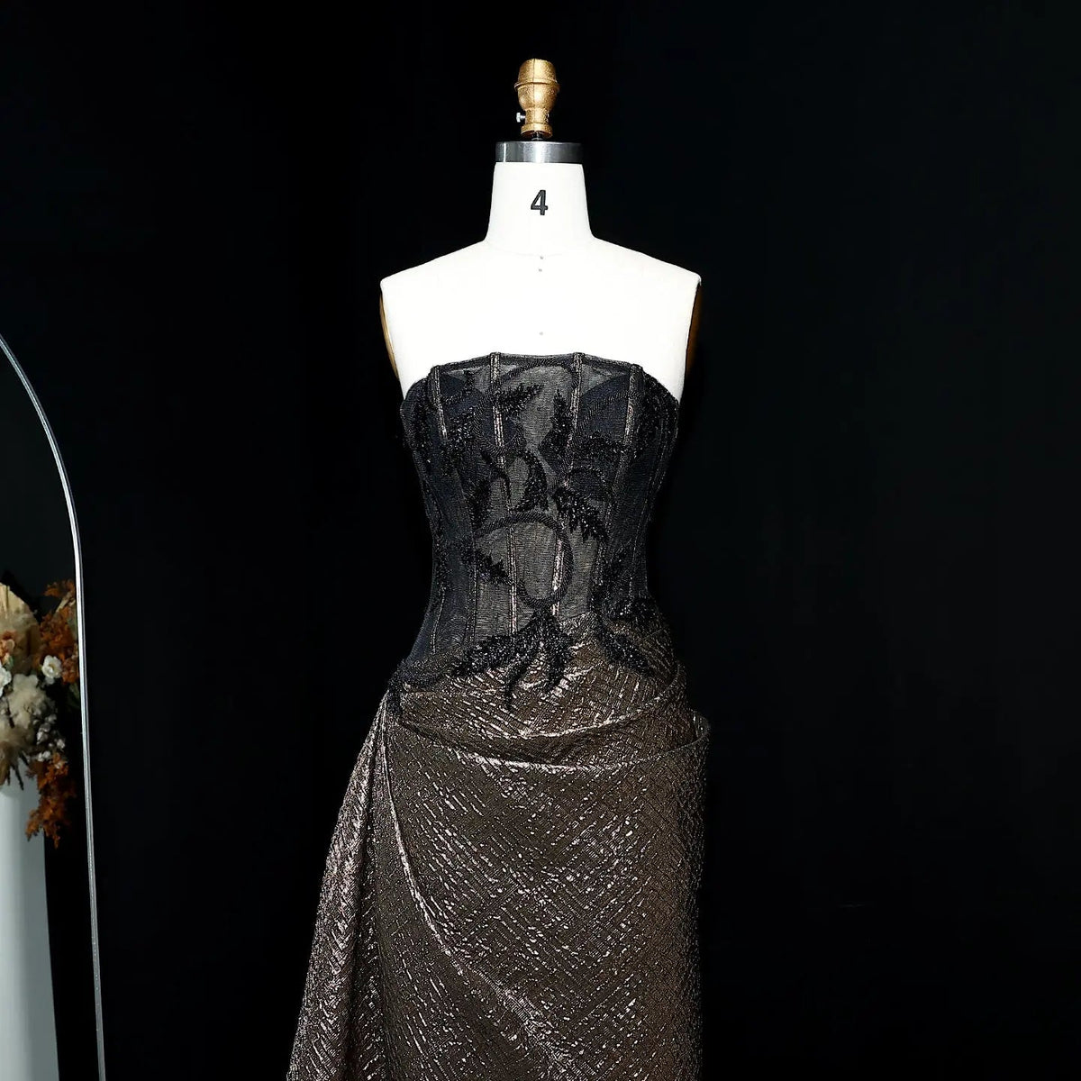Luxury Crystal Black Bronze Strapless Evening Dress with Slit and Pleats SS241
