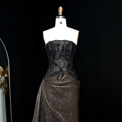 Luxury Crystal Black Bronze Strapless Evening Dress with Slit and Pleats SS241