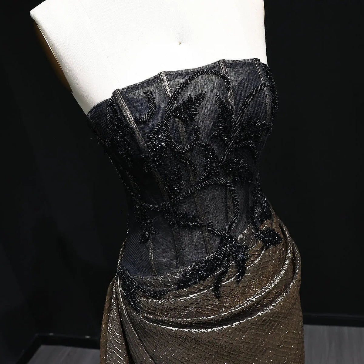 Luxury Crystal Black Bronze Strapless Evening Dress with Slit and Pleats SS241