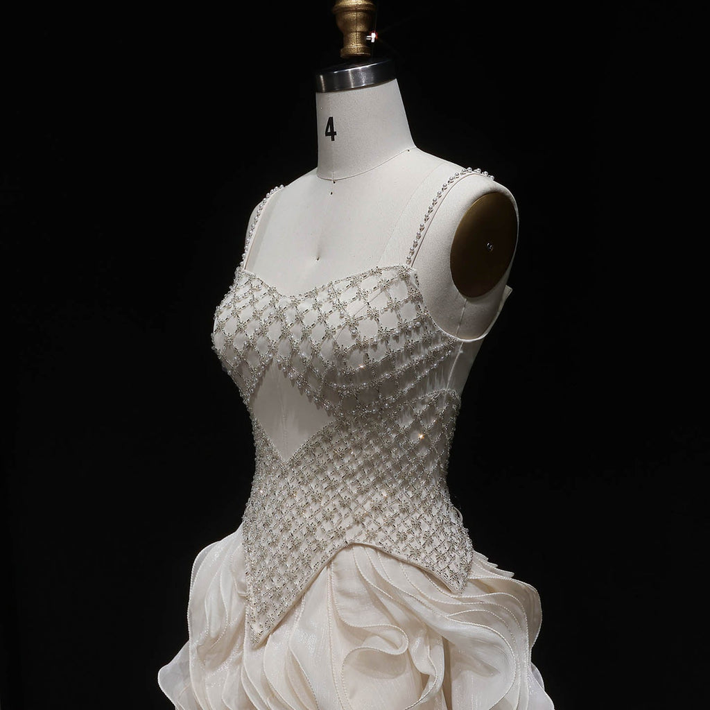 Luxury Beige Corset Bodice Ruffled Skirt Beaded Evening Dress SS257