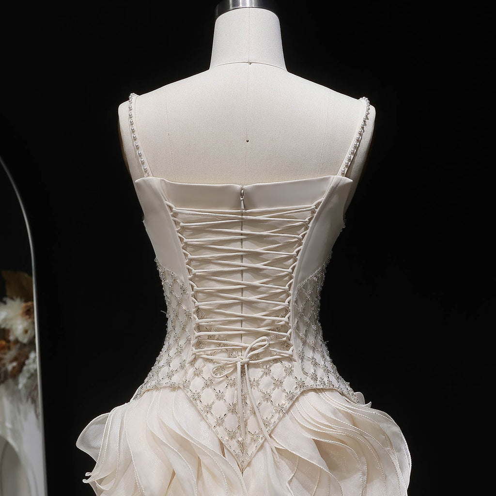 Luxury Beige Corset Bodice Ruffled Skirt Beaded Evening Dress SS257