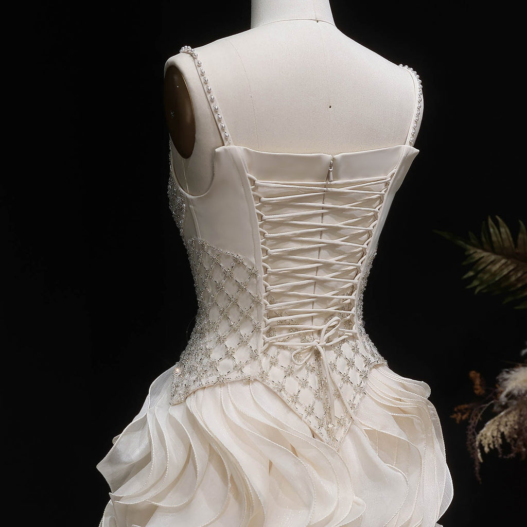 Luxury Beige Corset Bodice Ruffled Skirt Beaded Evening Dress SS257