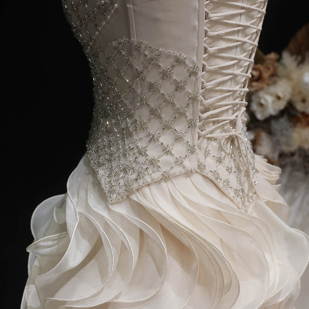 Luxury Beige Corset Bodice Ruffled Skirt Beaded Evening Dress SS257