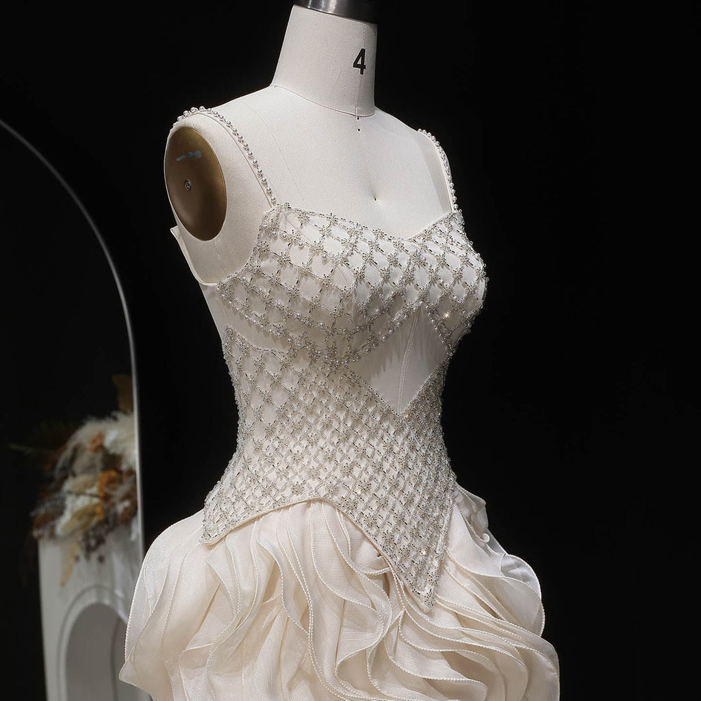 Luxury Beige Corset Bodice Ruffled Skirt Beaded Evening Dress SS257