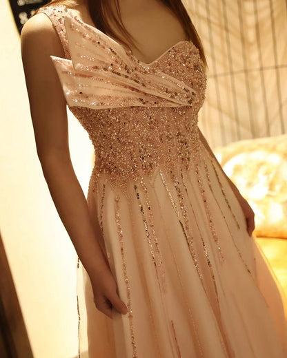 Luxury Beaded One Shoulder Pink Evening Dress SS417