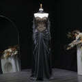 Luxury Gray Crystal Embellished Fitted Evening Dress with Cape SS564