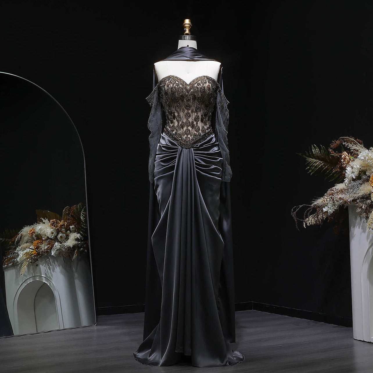 Luxury Gray Crystal Embellished Fitted Evening Dress with Cape SS564