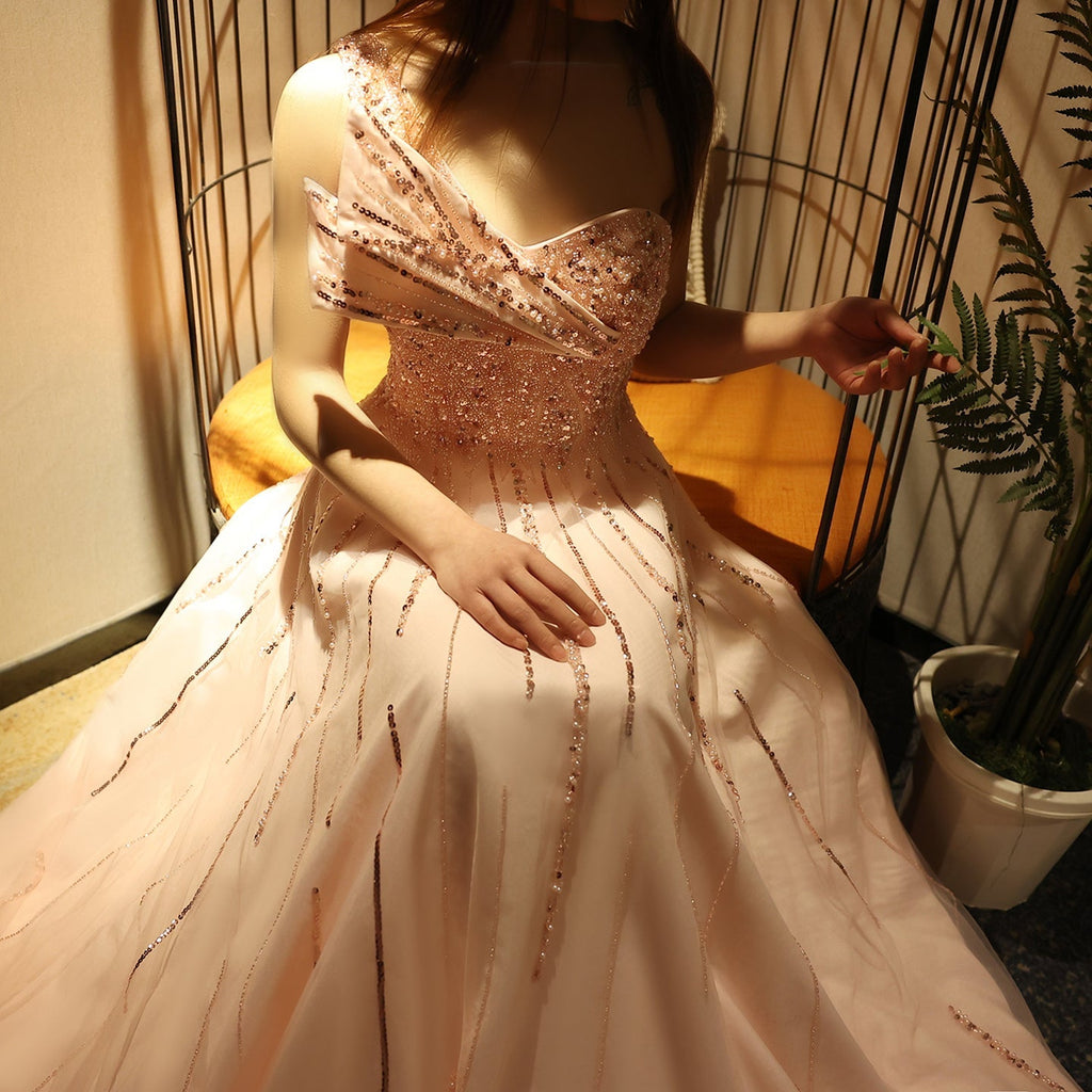 Luxury Beaded One Shoulder Pink Evening Dress SS417