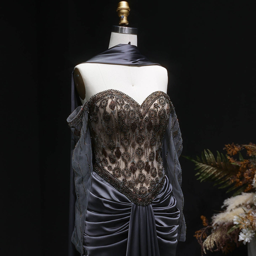 Luxury Gray Crystal Embellished Fitted Evening Dress with Cape SS564