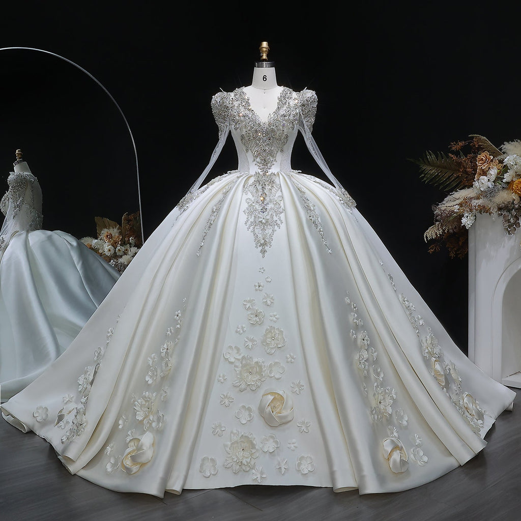 Luxury Satin 3D Floral Embroidery Long Sleeve Wedding Dress SW601