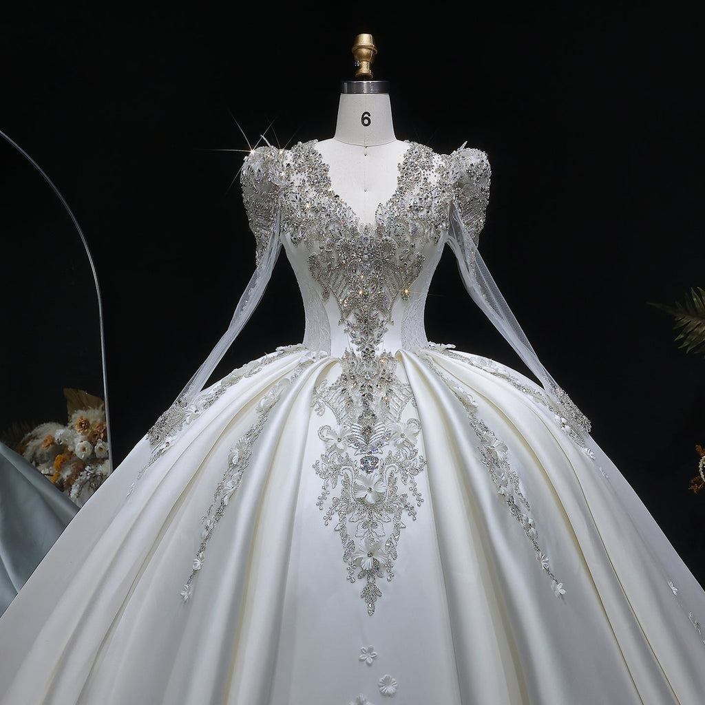 Luxury Satin 3D Floral Embroidery Long Sleeve Wedding Dress SW601