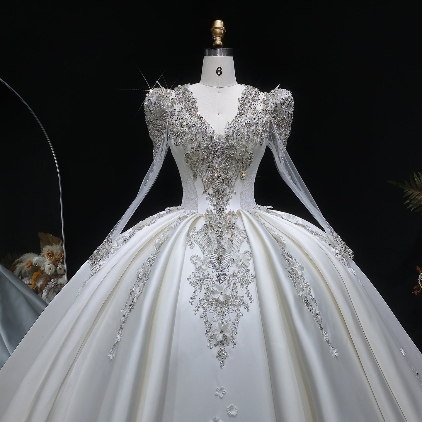 Luxury Satin 3D Floral Embroidery Long Sleeve Wedding Dress SW601