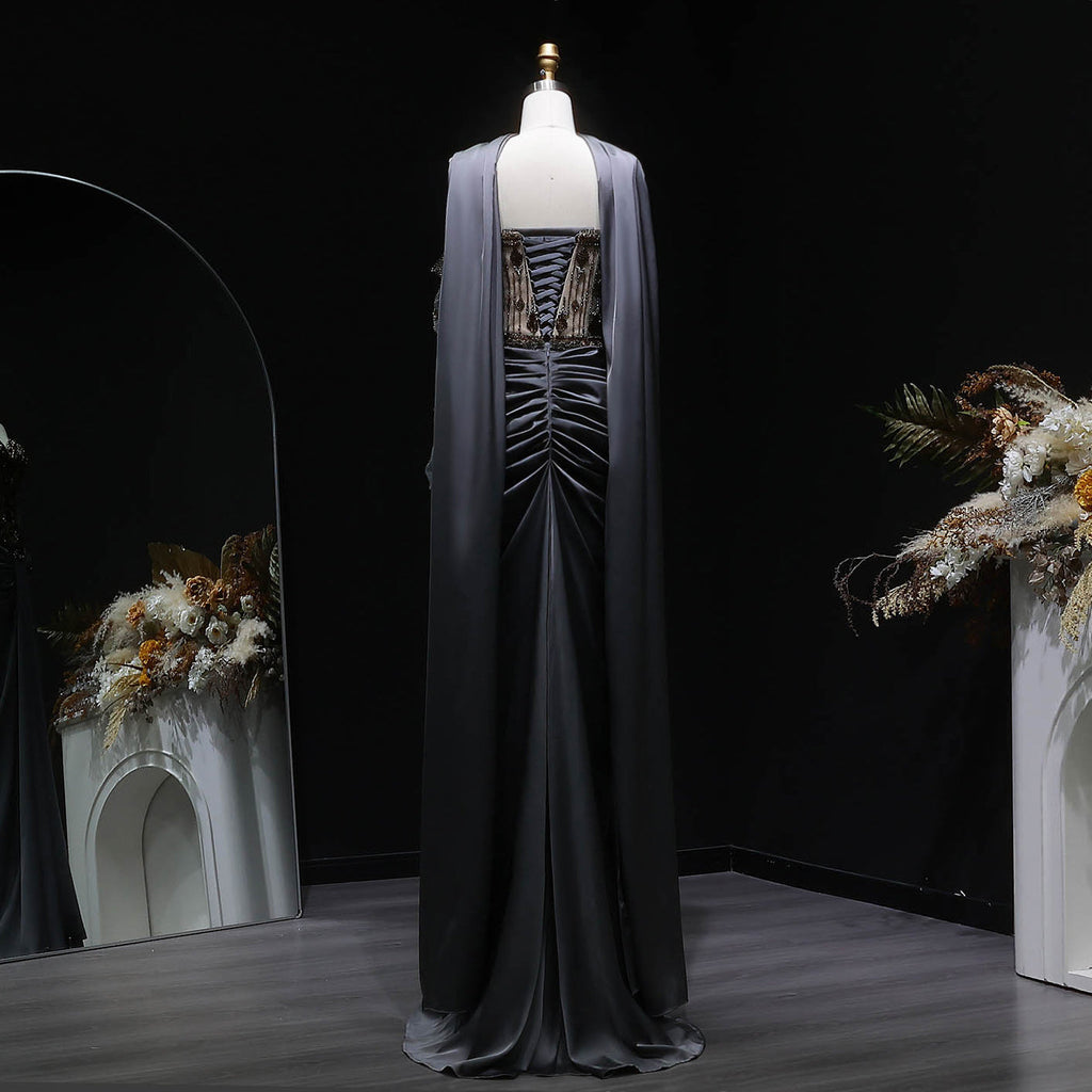 Luxury Gray Crystal Embellished Fitted Evening Dress with Cape SS564