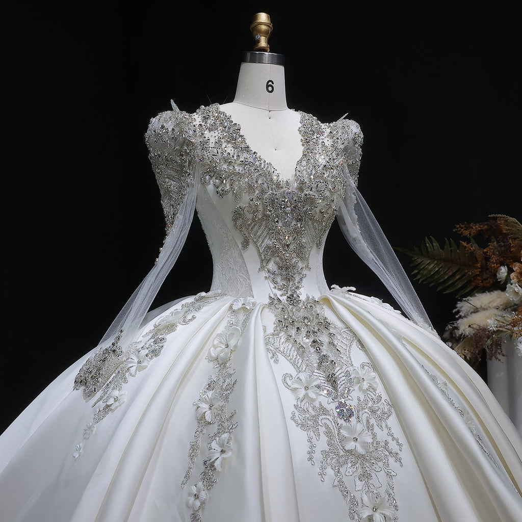 Luxury Satin 3D Floral Embroidery Long Sleeve Wedding Dress SW601