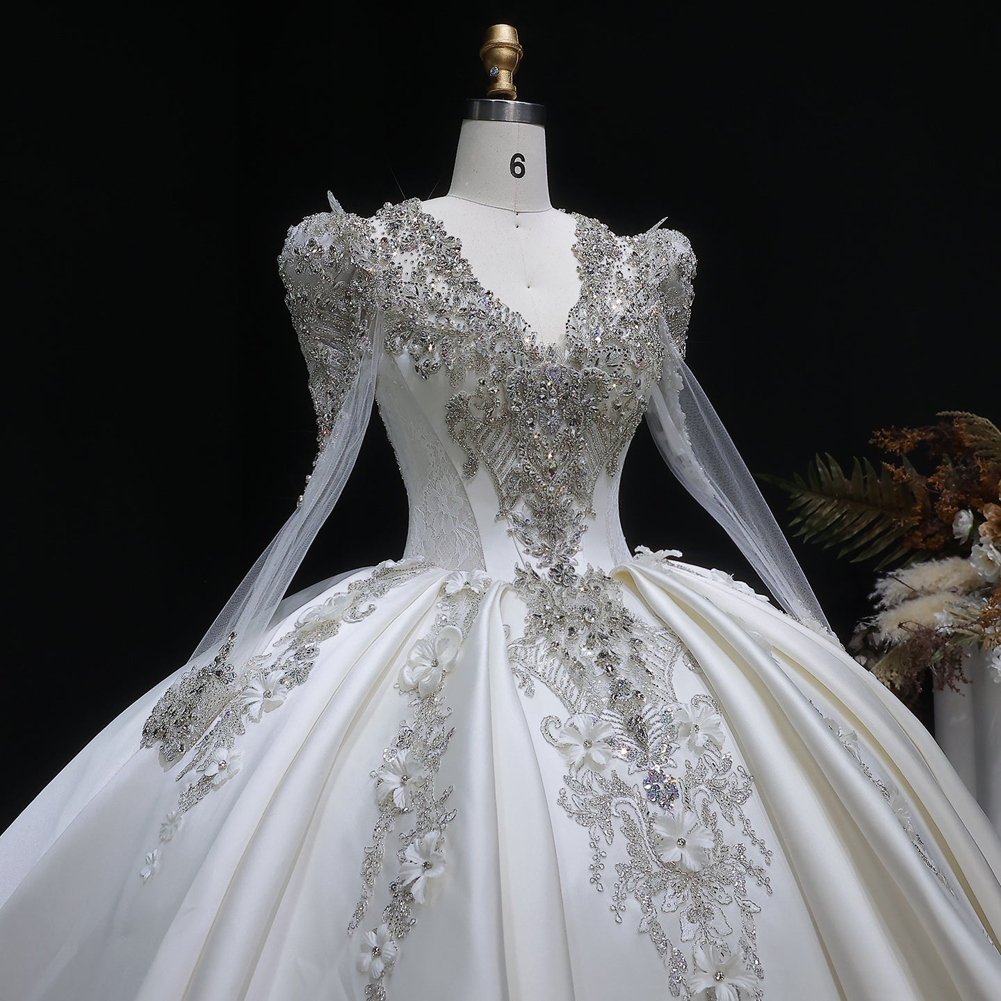 Luxury Satin 3D Floral Embroidery Long Sleeve Wedding Dress SW601