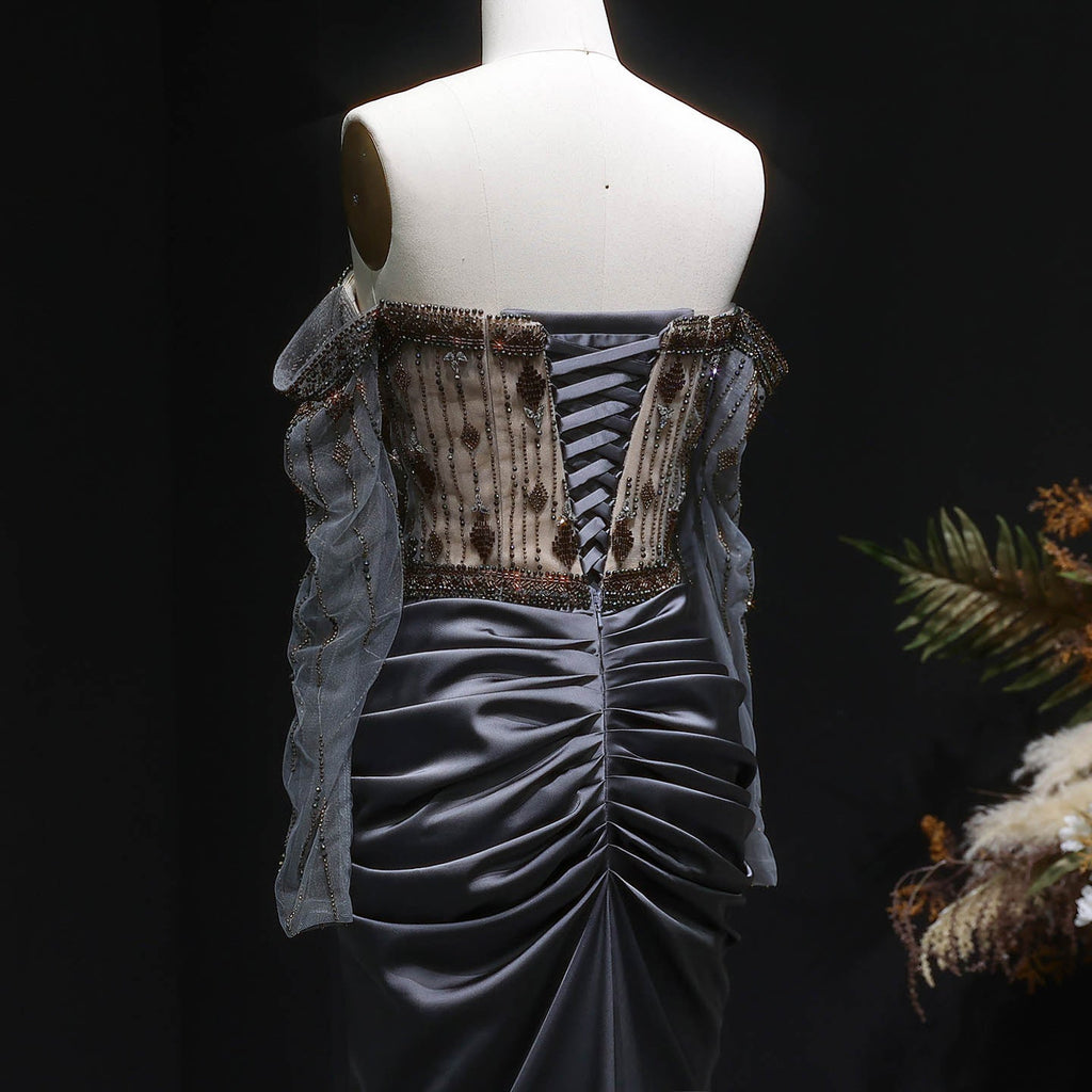 Luxury Gray Crystal Embellished Fitted Evening Dress with Cape SS564