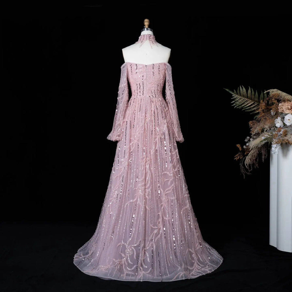 Dusty Pink Sequin A Line Evening Gown Off the Shoulder Puff Long Sleeve Formal Dress SS411
