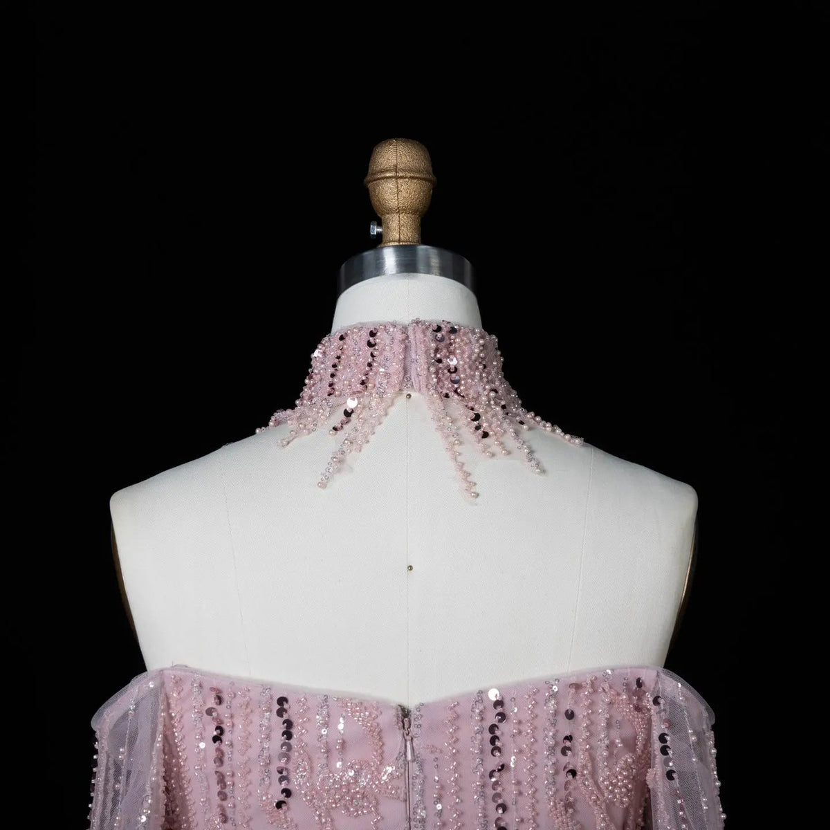 Dusty Pink Sequin A Line Evening Gown Off the Shoulder Puff Long Sleeve Formal Dress SS411