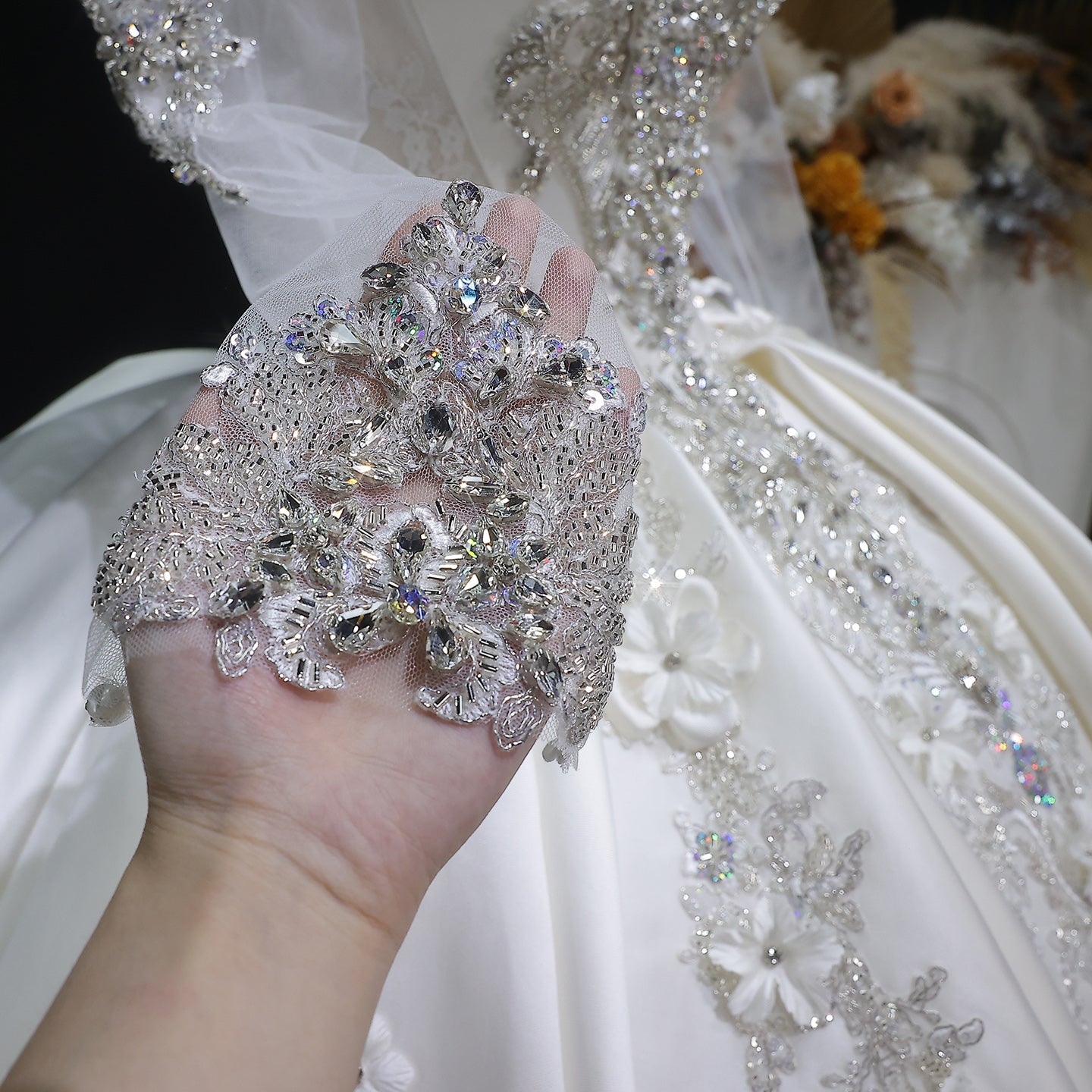 Luxury Satin 3D Floral Embroidery Long Sleeve Wedding Dress SW601
