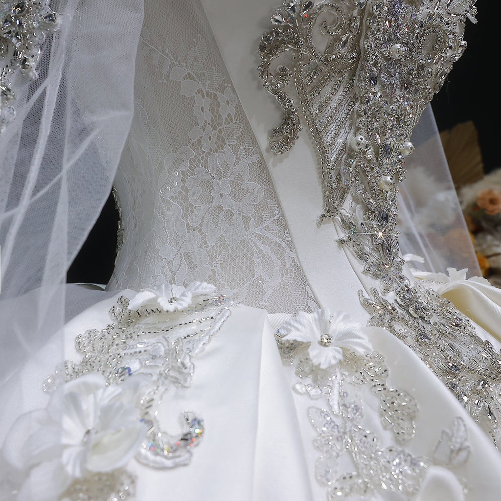 Luxury Satin 3D Floral Embroidery Long Sleeve Wedding Dress SW601