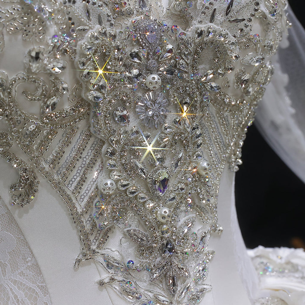Luxury Satin 3D Floral Embroidery Long Sleeve Wedding Dress SW601