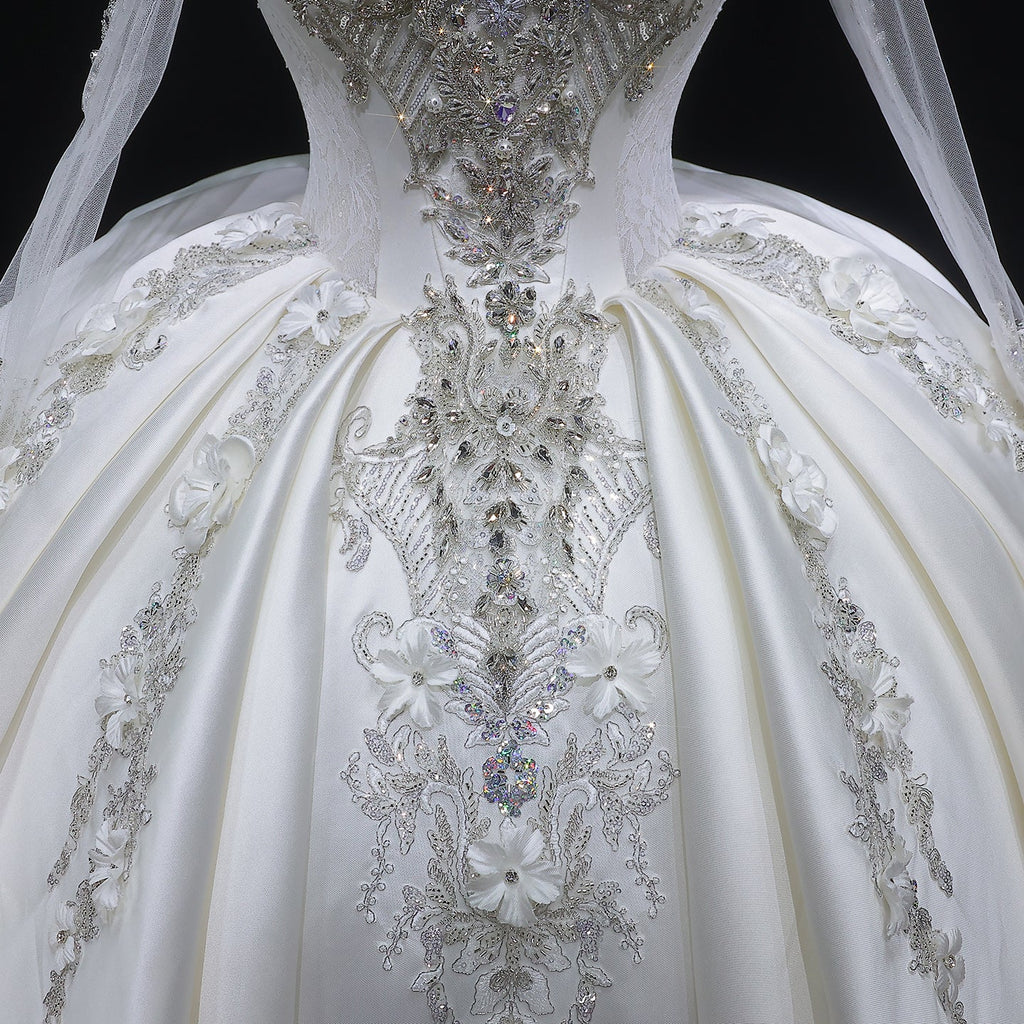 Luxury Satin 3D Floral Embroidery Long Sleeve Wedding Dress SW601
