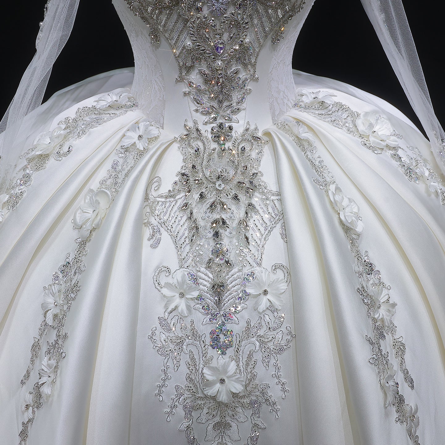 Luxury Satin 3D Floral Embroidery Long Sleeve Wedding Dress SW601