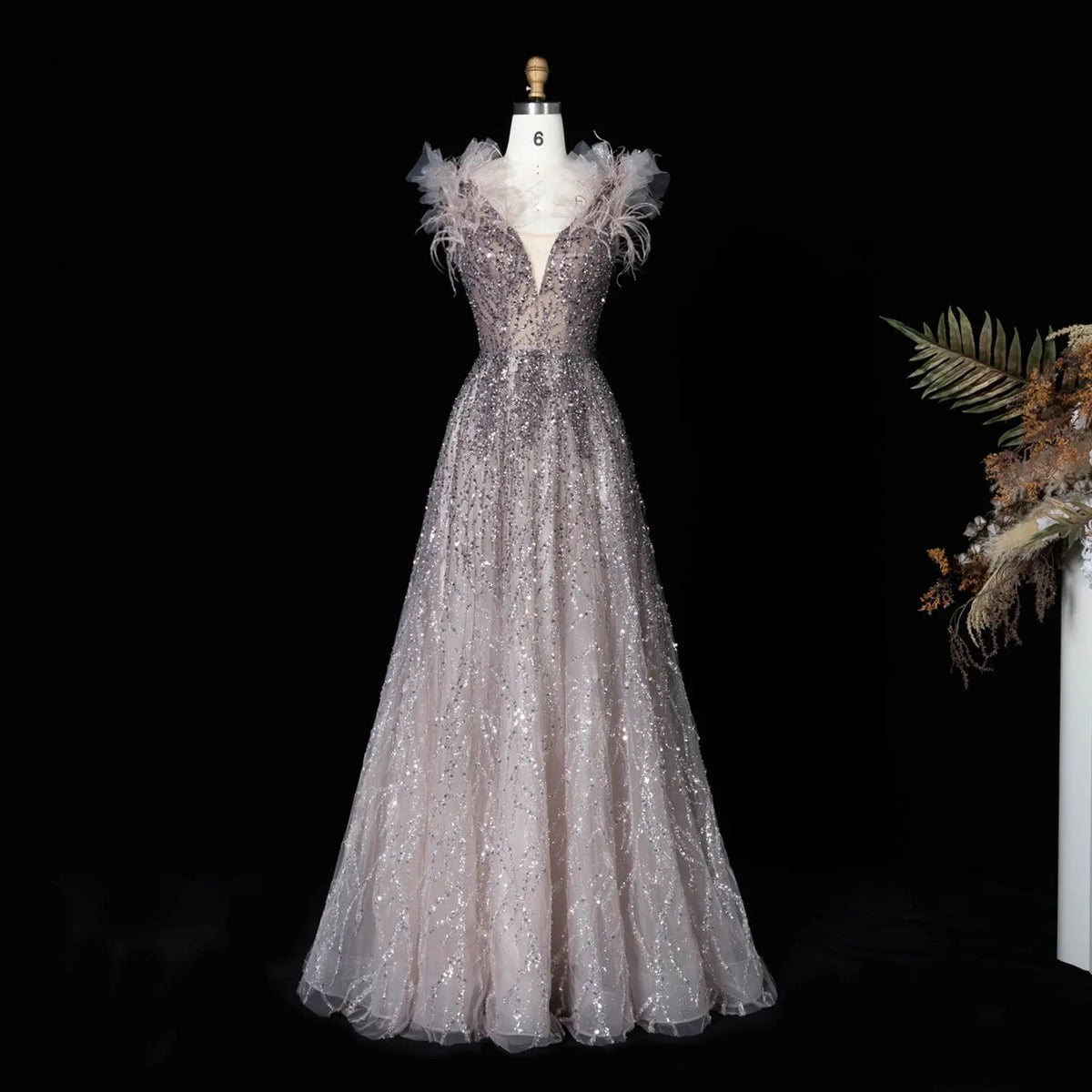 Luxury V-Neck Beaded Blue Feathers Evening Dress SS335