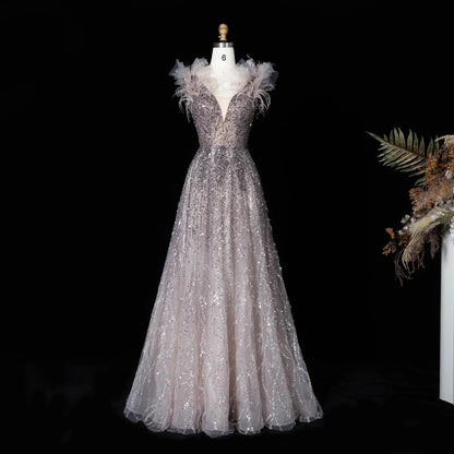 Luxury V-Neck Beaded Blue Feathers Evening Dress SS335