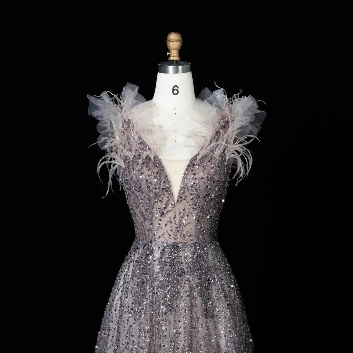 Luxury V-Neck Beaded Blue Feathers Evening Dress SS335