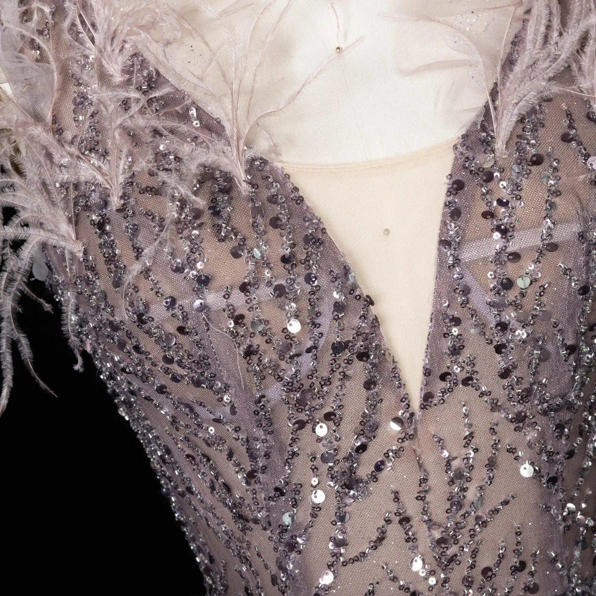 Luxury V-Neck Beaded Blue Feathers Evening Dress SS335