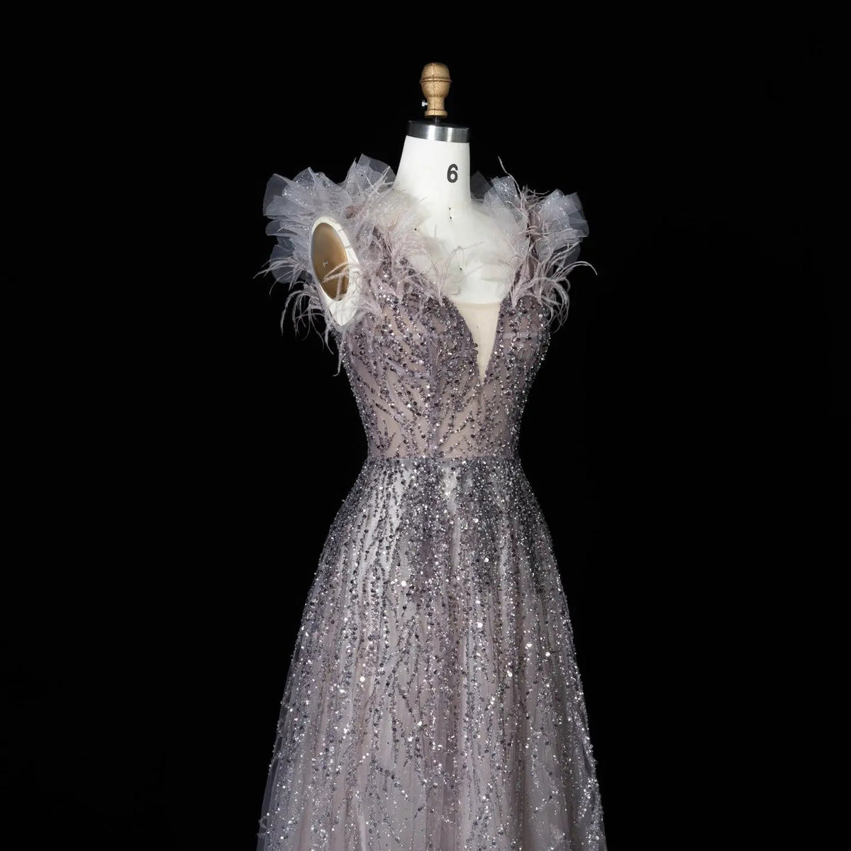 Luxury V-Neck Beaded Blue Feathers Evening Dress SS335