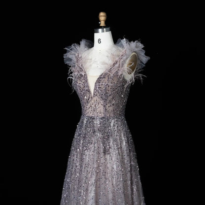 Luxury V-Neck Beaded Blue Feathers Evening Dress SS335