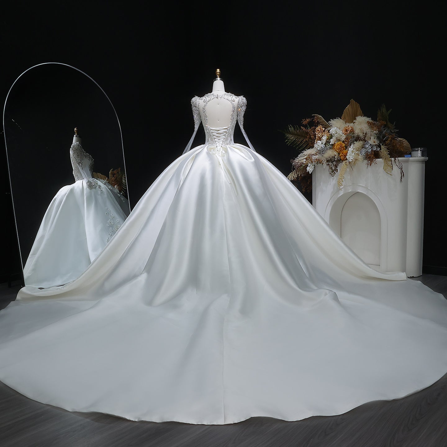Luxury Satin 3D Floral Embroidery Long Sleeve Wedding Dress SW601